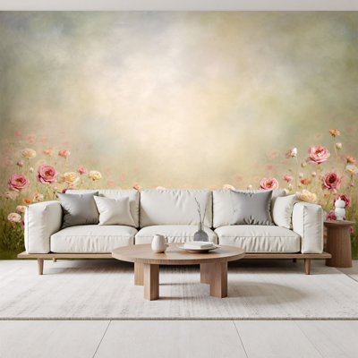 Papier peint adhésif floral floral Dreamy Watercolor Blooming Hillside Warm Sunlight Glow Wall Wallals