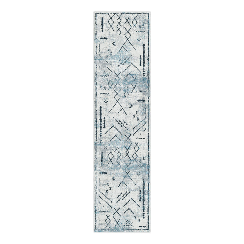 Tapis bleu / ivoire en polyester tissé à la machine Eudora, Tapis de couloir 2 pi x 8 pi