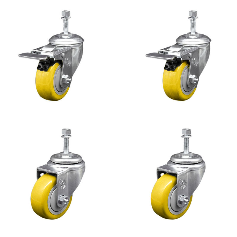 3 Inch 316SS Yellow Polyurethane 3/8 Inch Threaded Stem Caster Set 2 Lock Brake