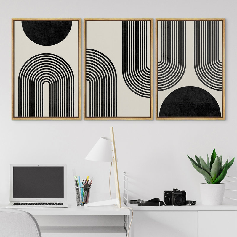 «Spiral Parabolas & Solid Semi Circle Modern Neutral», impression sur toile encadrée sur toile, 3 pièces, Cadre brun