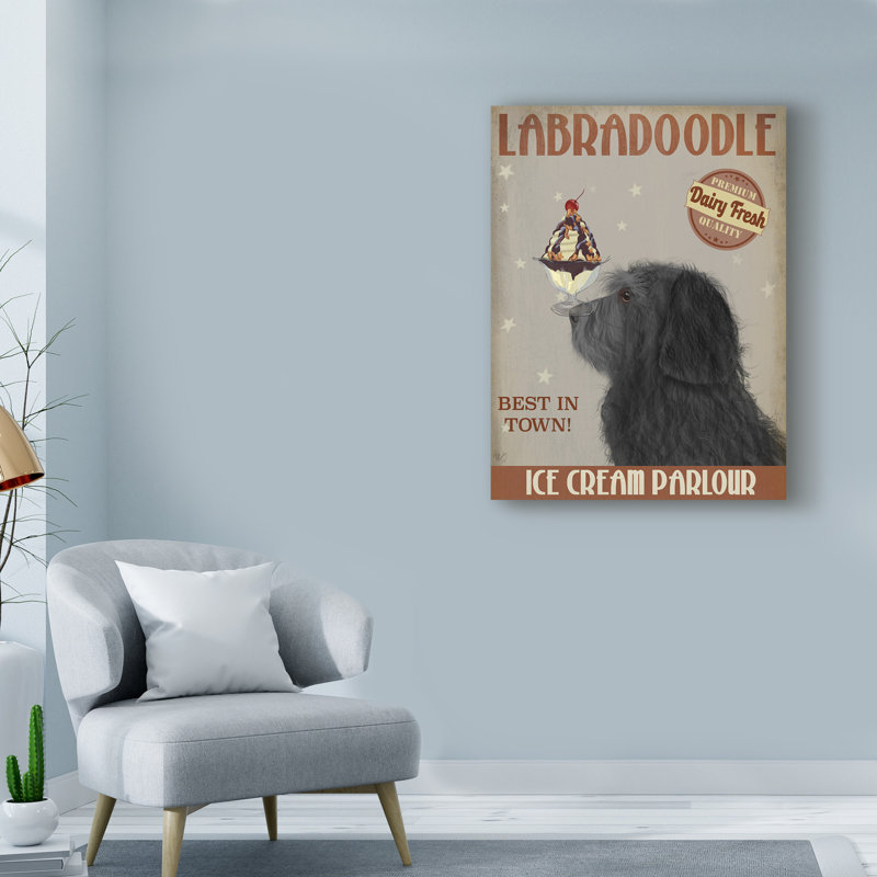« labradoodle, black, ice crème », publicité sur toile tendue, H 47 po x l 35 po x P 2 po