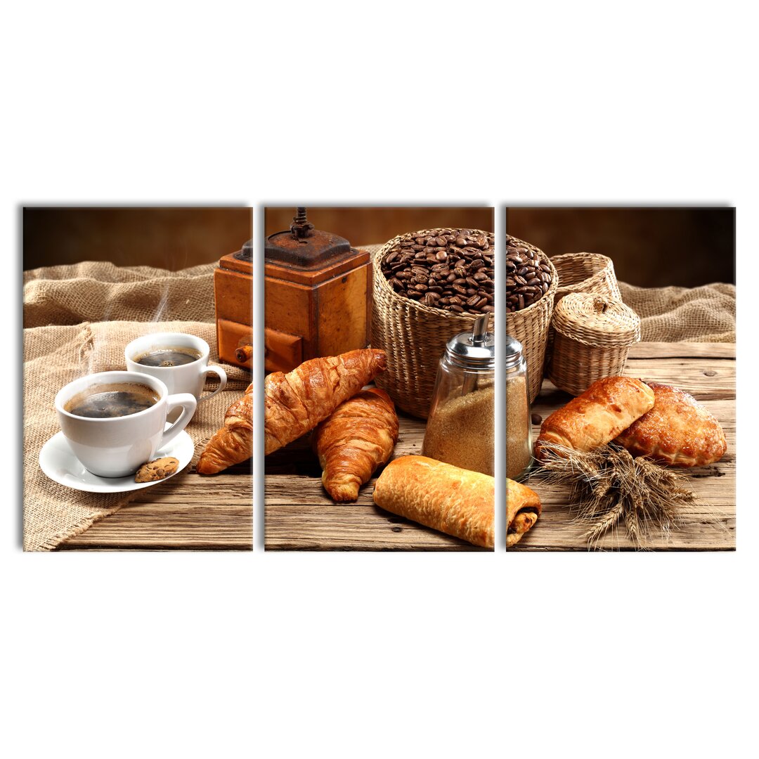 3-tlg. Leinwandbilder-Set Aromatischer Kaffee mit Croissants