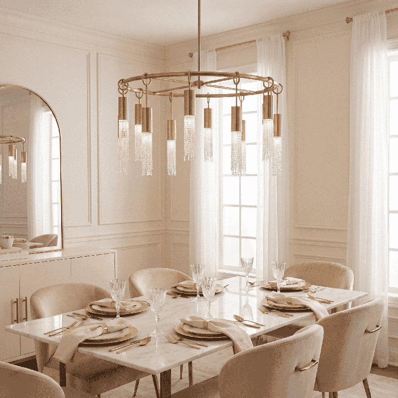 Lustre 12 lumières en laiton chaleureux Downend, H 20,5 po x l 40 po x P 40 po, 12 lumières