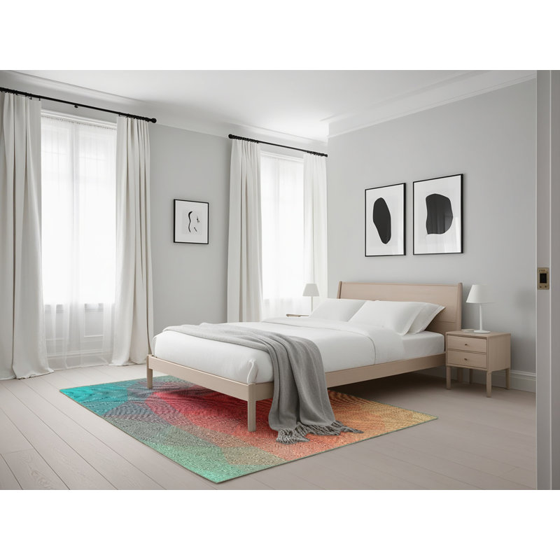 Tapis rouge/aqua à motif vert, Rectangle 5 pi x 7 pi