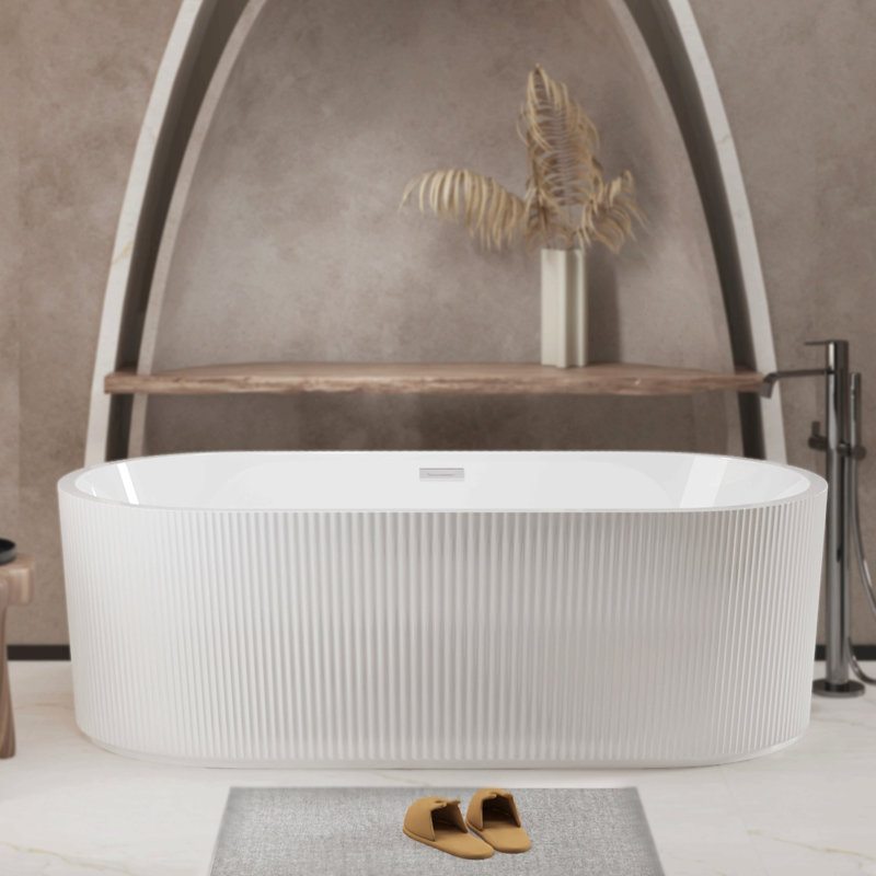 59"Linear Acrylicfreestanding Bathtub Stand Alone Soaker Tub, Glossy White Acrylic, Pop-Up Chrome Drain, Cupc Certified