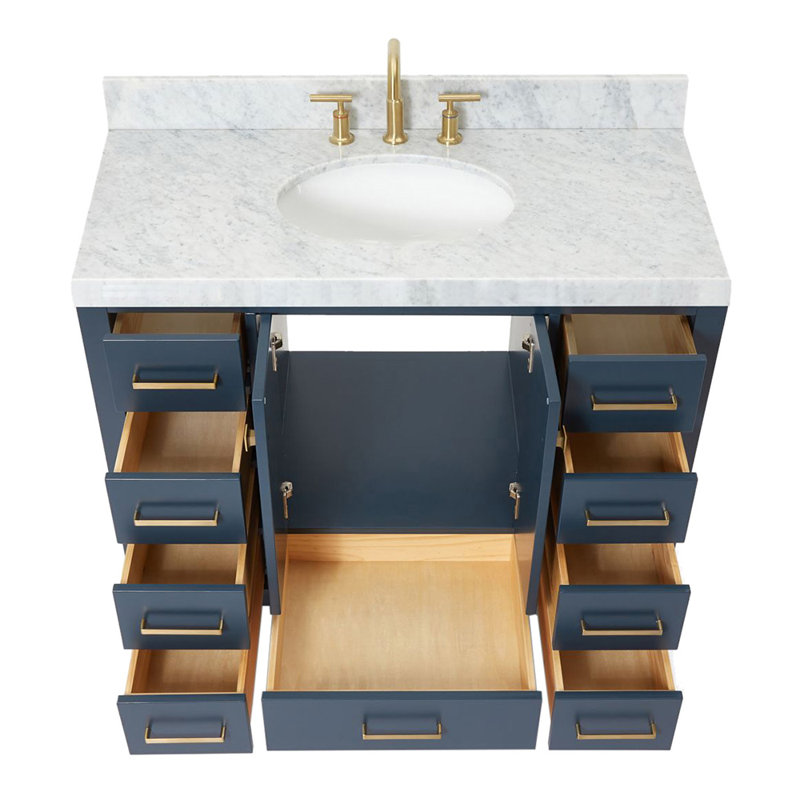 Ensemble de meuble-lavabo simple Cambridge, Ovale, Bleu minuit / laiton satiné, L 42 po