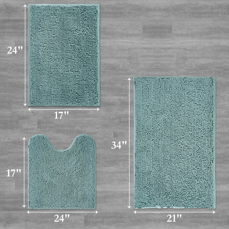 Chenille Super Soft Absorbent Microfiber Non-Slip 3-Piece Bath Rug, Seafoam Blue