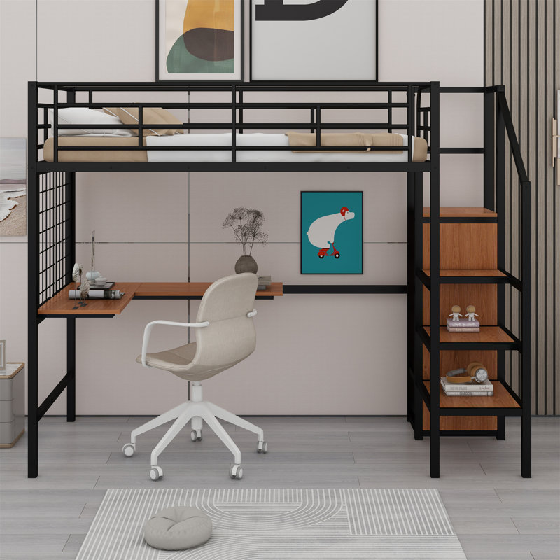 Loft Bed With Desk And Metal Grid, Stylish Metal Frame Bed With Lateral Storage Ladder And Wardrobe, Twin, Black