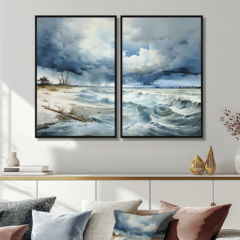 Tempête sur tempête au-dessus de l'océan, art mural sur toile Tempêtes, Black, 36" H x 48" W, Impression encadrée flottante