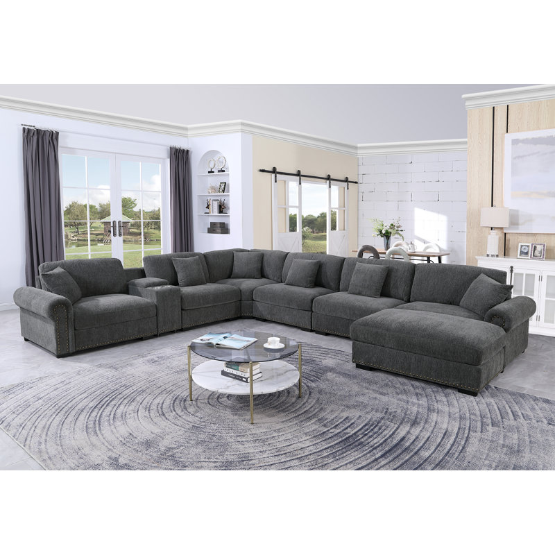 Stimpson 7-Seater Modular Sectional with Cup Holders, Dark Gray Chenille