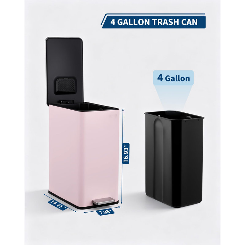 Poubelle à pédale 4 gallons / 15L en acier inoxydable - Couvercle à fermeture en douceur, pédale, seau intérieur amovible - Poubelle compacte de cuisine / salle de bain / bureau - Rose