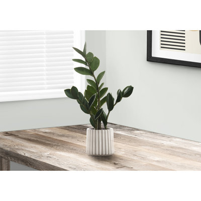 20" Indoor Faux Zz Plant With Greenery In Grey Cement Pot For Interior Decoration Artificial Plant, High, Leaves