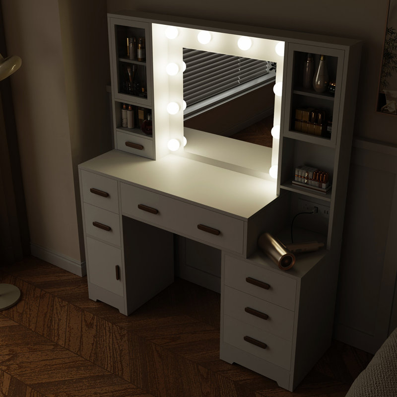 Vanity Dressing Table Set with 10 LED Bulbs, Lighted Mirror & Charging Station - Multi -functional Nightstand, 3 Color Modes with Dimming, Cushioned Stool & Large White Mirror 