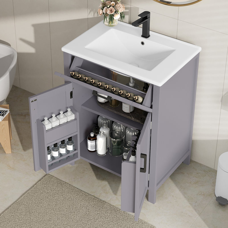 Freestanding Bathroom Vanity with Ceramic Basin, Grey