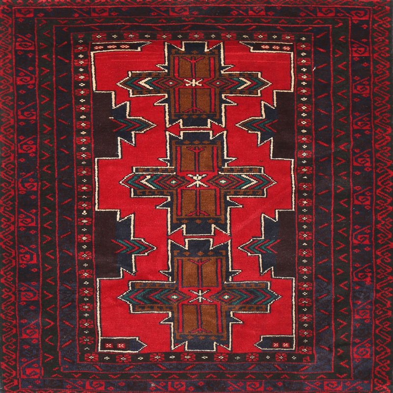 Tapis traditionnel rouge / noir, Rond 3 pi