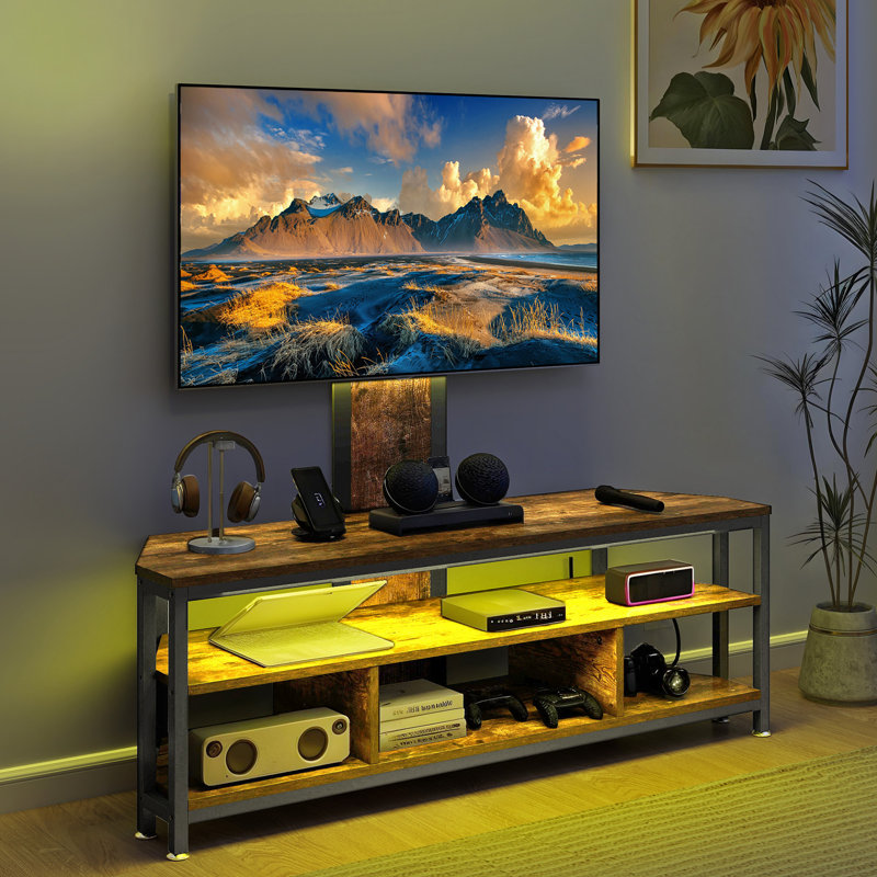 Chardell LED Height Adjustable TV Stand With Mount Storage and Power Outlet, Brown/Black