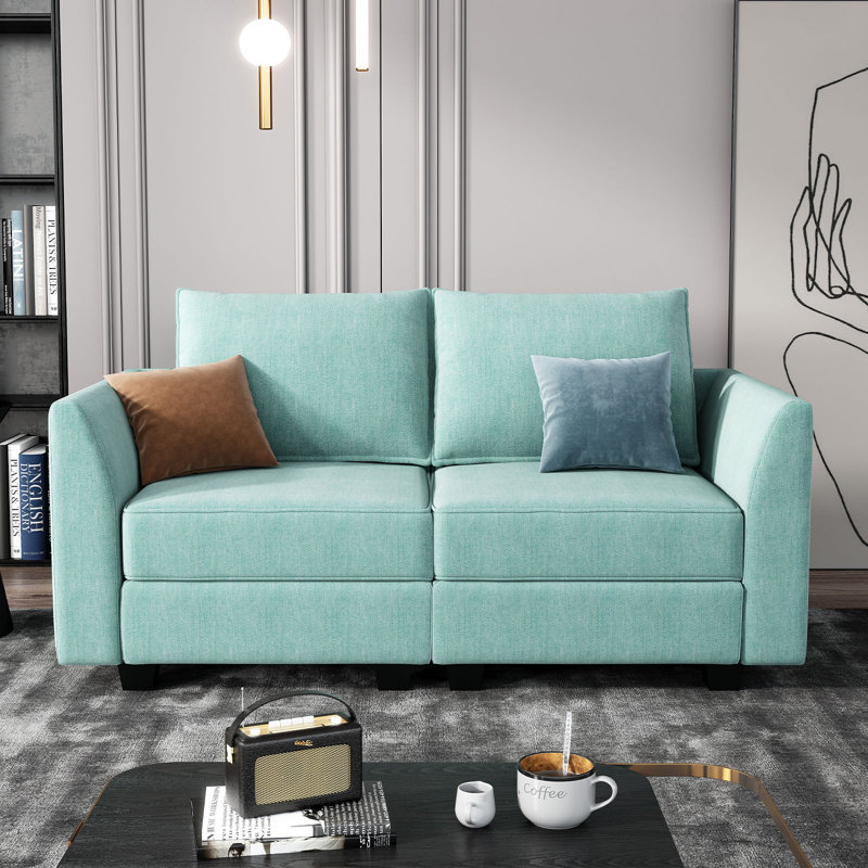 61" Square Arm Modular Loveseat with Storage Space, Blue Polyester Blend