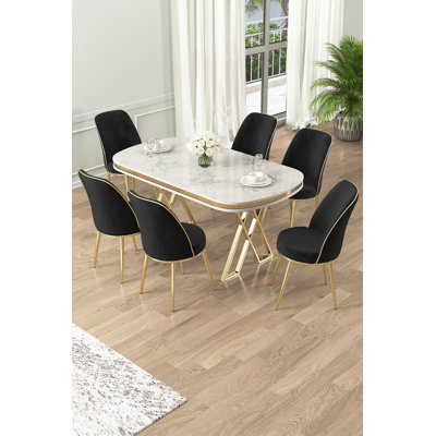 Modern 7-Piece Dining Table & Chairs Set, White & Gold with Black Accents | 100% Lacquer Panel, Metal Legs, Soft Babyface Fabric | Table: 66.1 x 29.9 x 35.4 inches | Chairs: 17.7 x 35.8 x 16.5 inches | Luxurious Design for Glamorous Dining Spaces