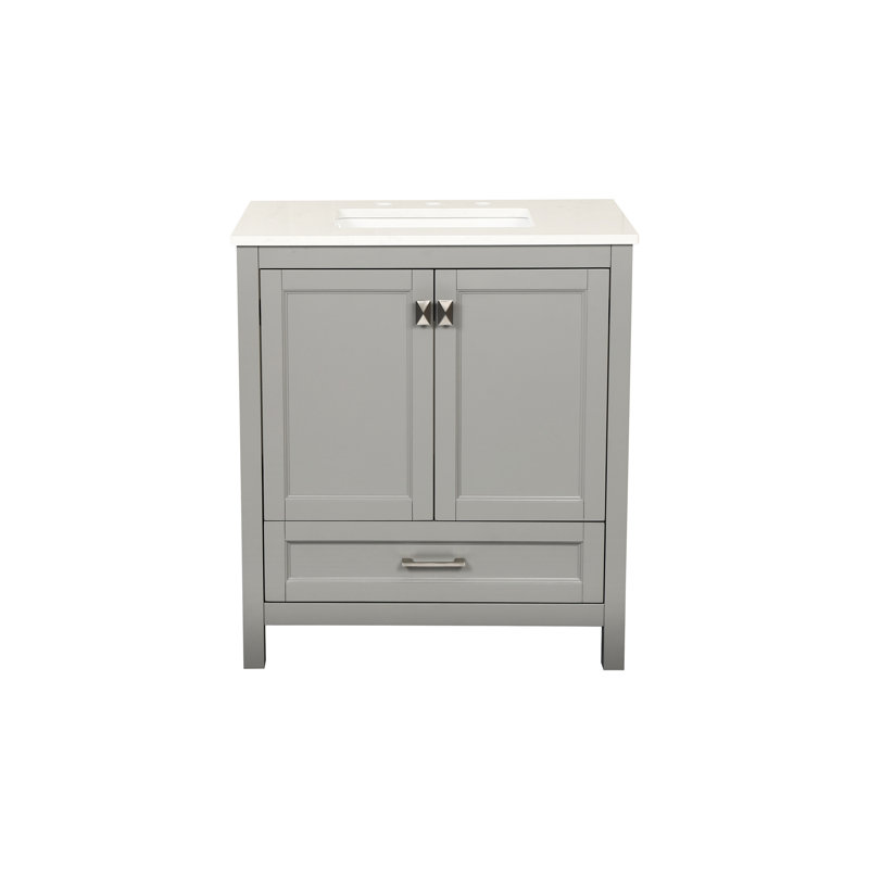 Lavabo-lavabo gris. Armoire 30 po entièrement assemblée avec comptoir en marbre. Fabrication en bois massif. Fermeture douce. Profondeur de 30,11 po, largeur de 18,9 po, hauteur de 34,68 po. Rangement moderne de 91,84 lb. Installation à faire soi-même