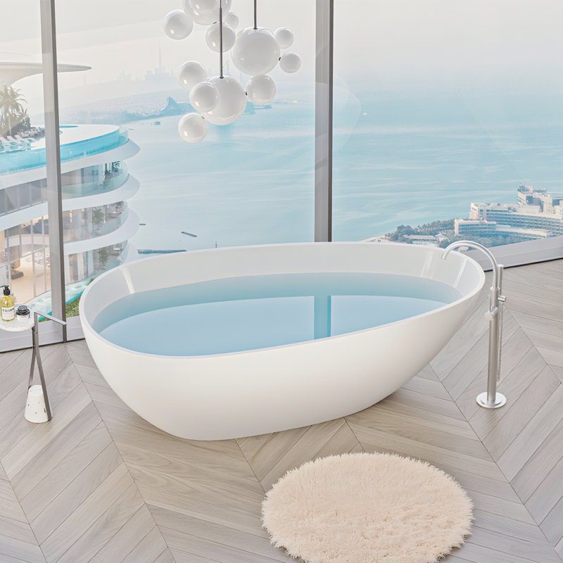 Baignoire de trempage autoportante 59 po à surface solide avec trop-plein et bonde escamotable 59 po