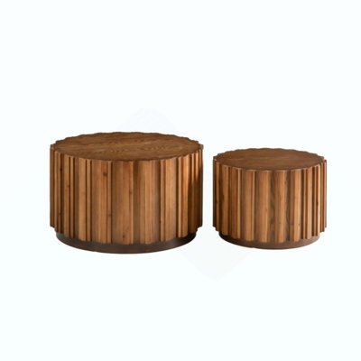 19.7"+27.5" Round Nesting Coffee Table Set of 2, Wood Accent Tables with Vertical Slatted Body, Rustic Farmhouse Side Tables for Living Room
