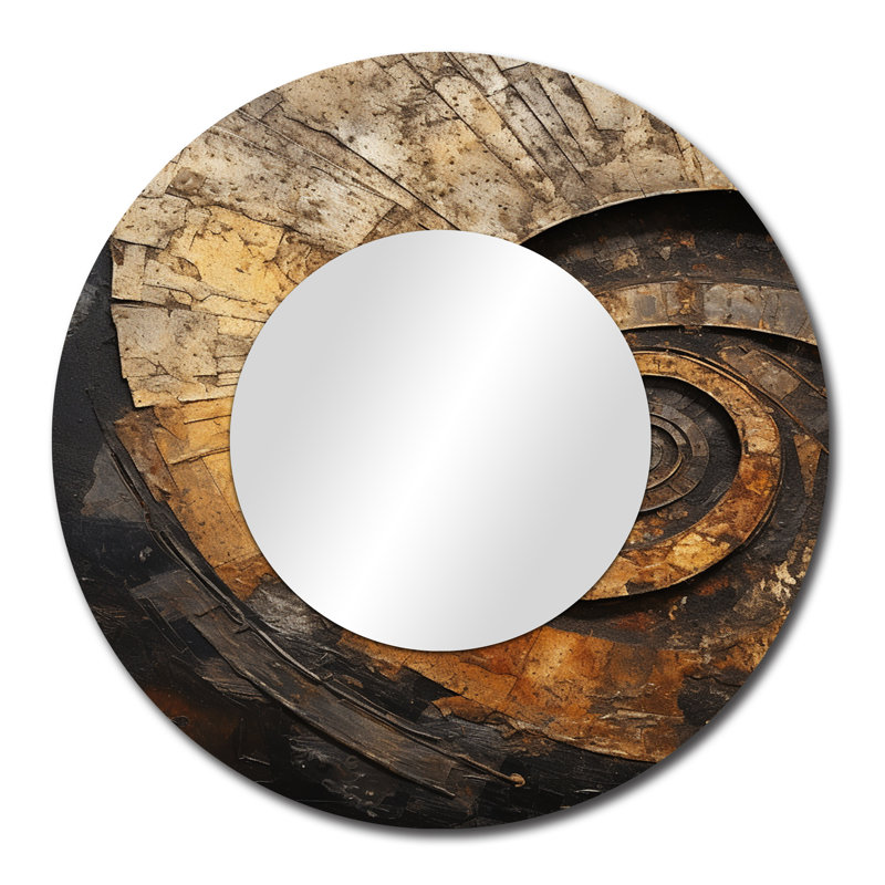 Or noir Timeless Turn I - miroir décoratif spirales abstraites, miroir mural rond doré, impression d'art en métal