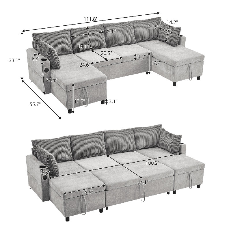 U-shaped Chenille Sofa Pull-out Sofa Bed with Large Storage Space, Grey