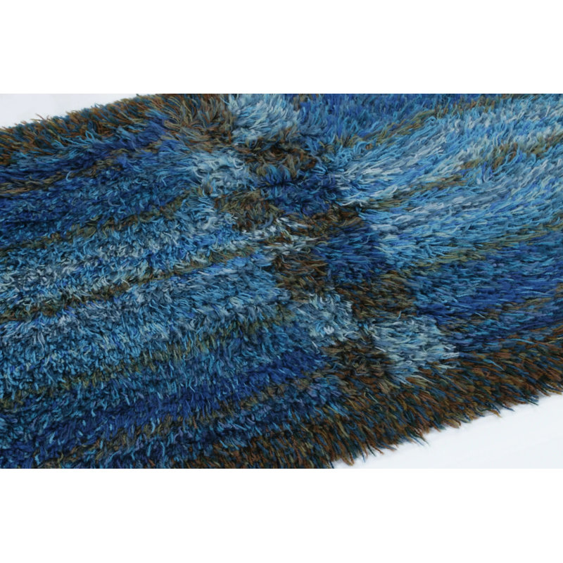 Vintage Swedish Rya Runner With Blue And Gray Geometric Pattern -  Rug & Kilim