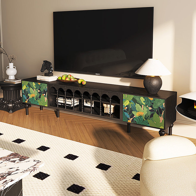 Meuble télé avec rangement peint français rétro, H 21,26 po x L 86,61 po x l 15,75 po, Noir