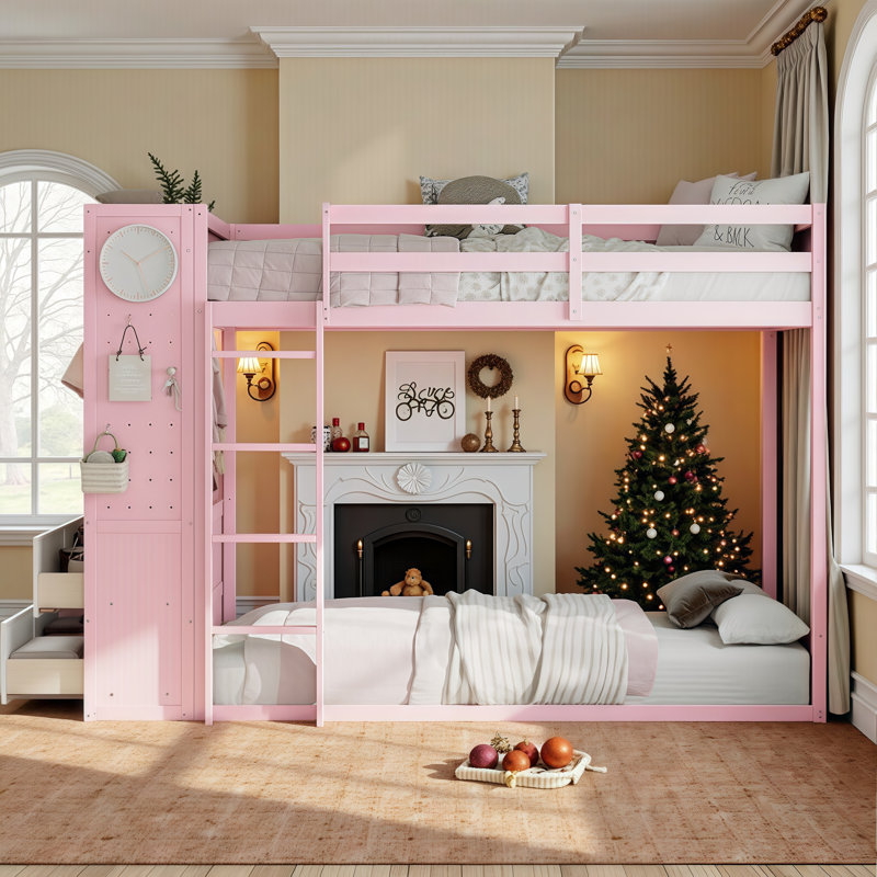 Lit superposé simple à économie d'espace AVELOR avec 4 tiroirs de rangement, garde-robe intégré et bande lumineuse, panneaux perforés personnalisés pour les chambres d'enfants