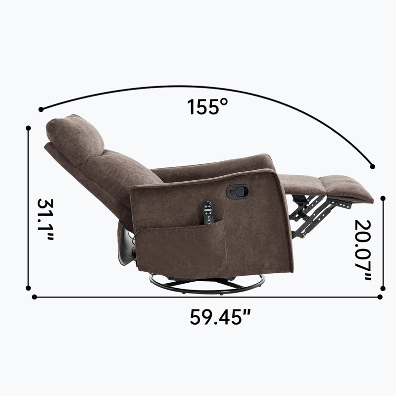 Heat Massage Manual Recliner Chair With Rocker And Swivel In Fabric For Living Room, Brown