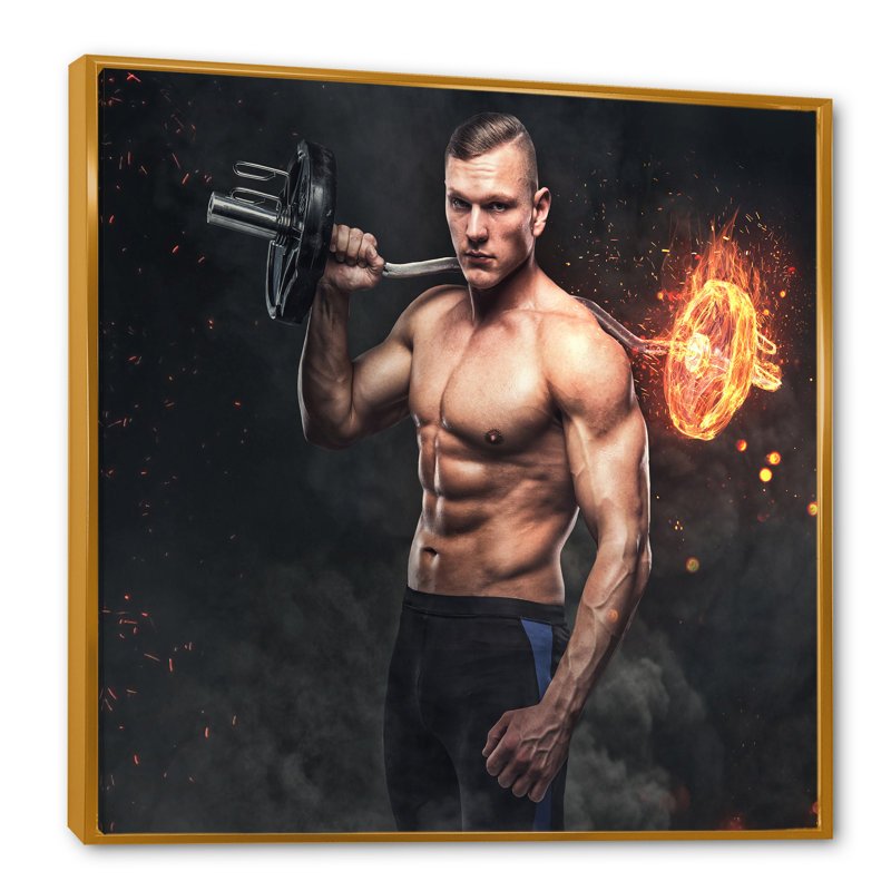«Musclular Athletic» avec une haltère brûlante sur toile, Cadre flottant doré, H 30 po x l 30 po x P 1 po