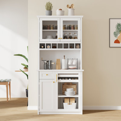 Armoire de rangement pour garde-manger autoportante avec porte-bouteilles et tablettes réglables, blanc