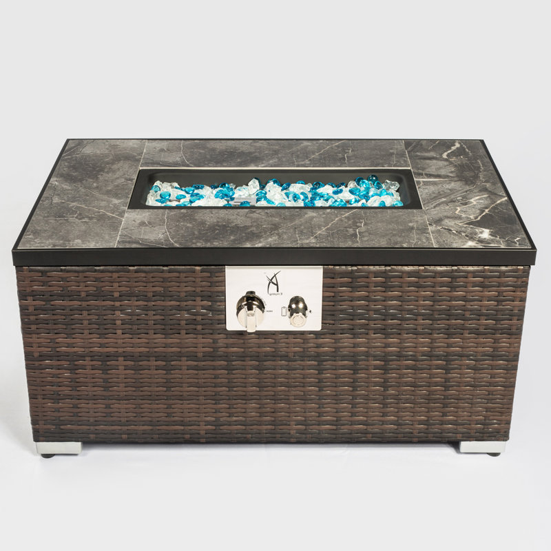 32" Propane Gas Fire Pit Table 50000 BTU Rectangular Fire Pit Tile Tabletop with Beautiful Wicker Base