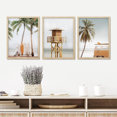 Coastal Beach " IDEA4WALL Framed Poster Bathroom Decor Wall Art Room Decor Multicolor For Living Room, Bedroom, Office California Beach Palm Tree Ocean Lifeguard Tower Wilderness Nature " 3 - Pieces