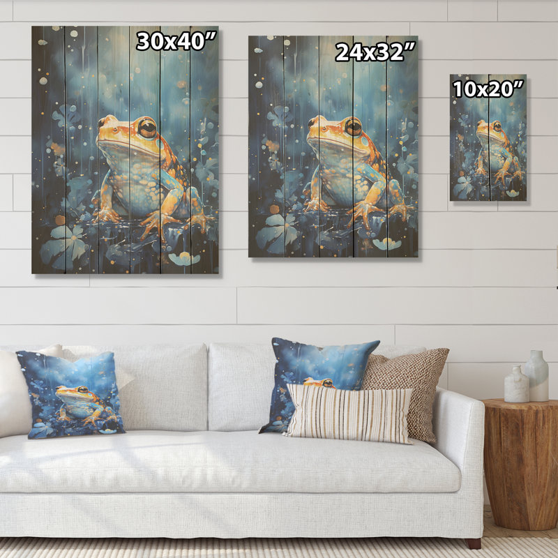 Représentation abstraite de grenouille bleue - grenouilles et crapauds, art mural sur bois de pin naturel, H 20 po x l 10 po