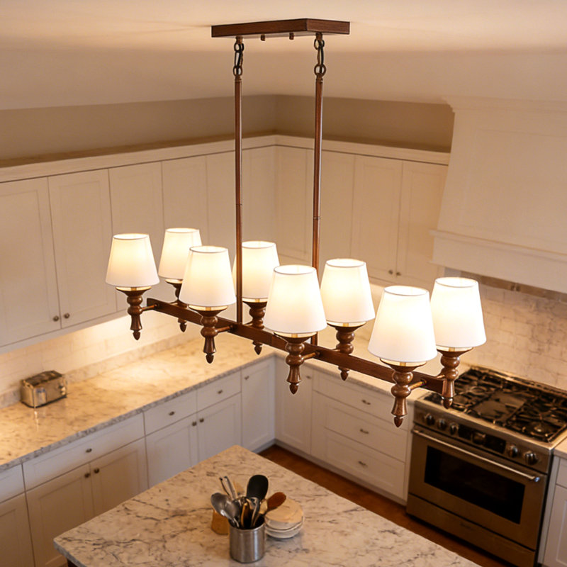 8-light 41.34'' Farmhouse Linear Chandelier With White Shade For Dining Table & Kitchen Island, Brown
