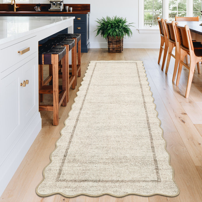 Scalloped Machine Washable Rug Non-Slip Bordered Floor Mats Non-Shedding Soft Low Pile Modern Accent Rugs for Living Room Bedroom Office