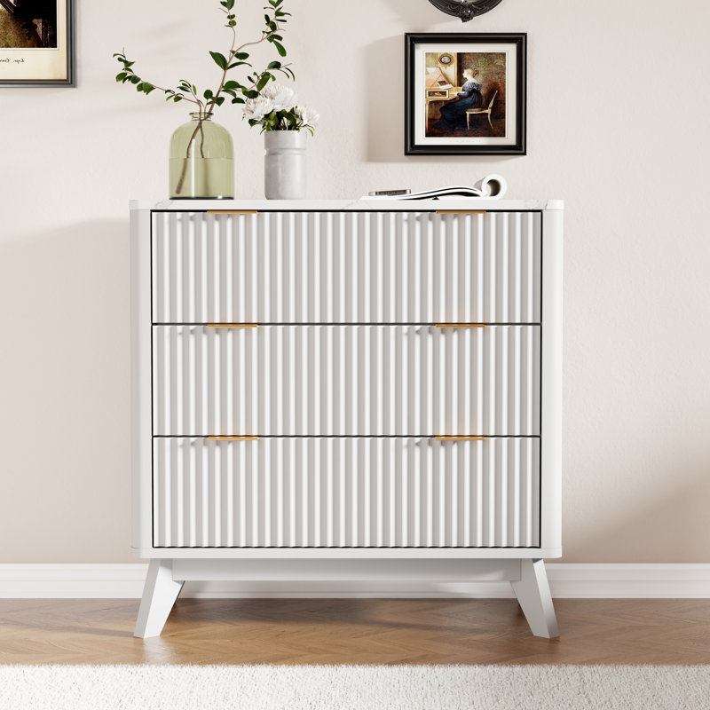 32" High Faux Marble Side Table with 3 Drawers & Fluted Design, White