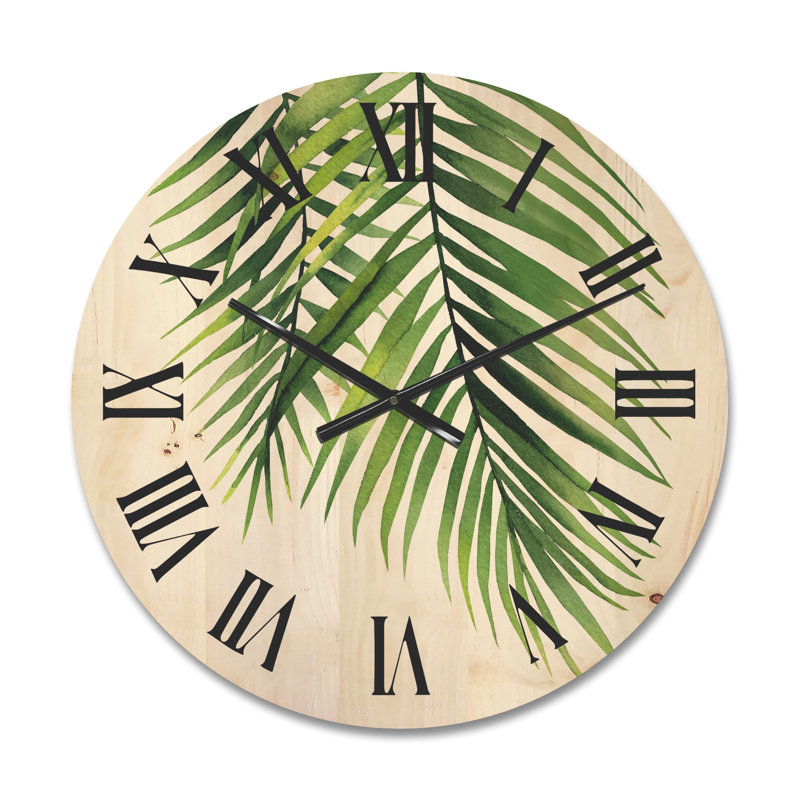 Horloge murale en bois tropical - détail branches de palmier tropical, Petit