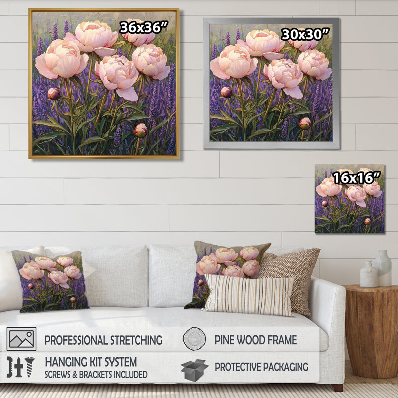 Pivoines dans le jardin de lavande V - pivoines, art mural, Impression encadrée flottante, H 16 po x l 16 po, Blanc