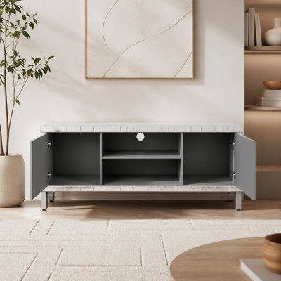Meuble télé en miroir pour téléviseur de 65 pouces et plus, console de télévision avec rangement ouvert et 2 armoires de rangement, portes miroir en forme de diamant pour le salon (l 59 po x H 25,2 po x P 15,7 po)