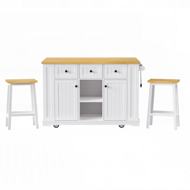 Large Kitchen Island with 2 Bar Stools, Power Outlet, and Ample Storage on 5 Wheels, Perfect for Modern Kitchens and Dining Rooms