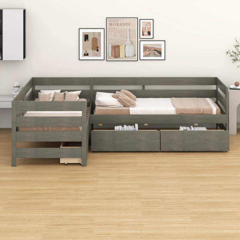 Lit plateforme simple en forme de L avec 3 tiroirs de rangement en pin massif et panneau de fibres à densité moyenne, Gris