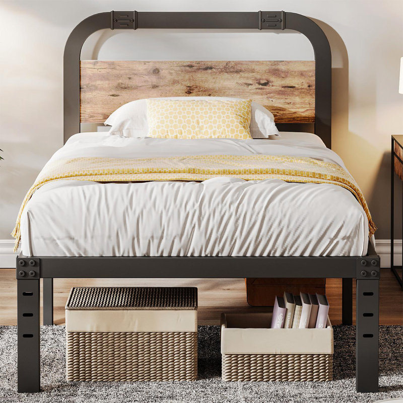 Amylia Black Metal Platform Bed with 40-Inch Solid Wood Headboard, Underbed Storage, Noise-Free Support, No Box Spring Needed
