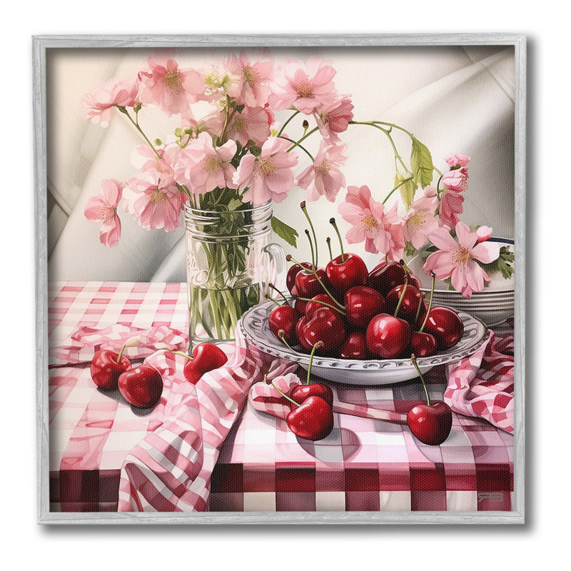 Summer Cherries & Florals, art de la giclée encadrée par RB, H 12 po x l 12 po, Estampe numérique Farmhouse