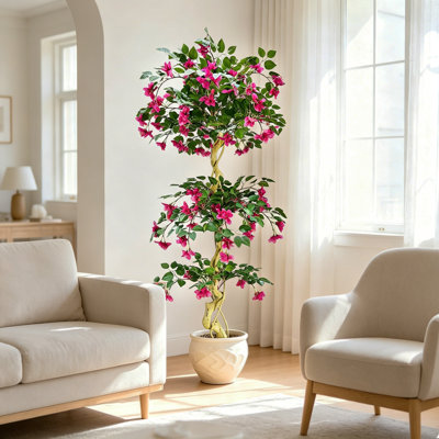 Lifelike Bougainvillea Artificial Tree – Tall Faux Plant with Vivid Pink Blooms – Realistic Silk Floral, Indoor Outdoor Home & Office Decor, Shatterproof White Pot, Easy Care – 180CM Three-Ball Design