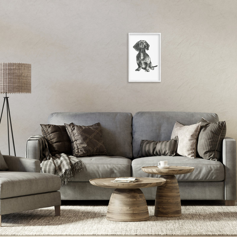White Framed Dachshund Sitting Drawing Canvas Art, 12 x 18