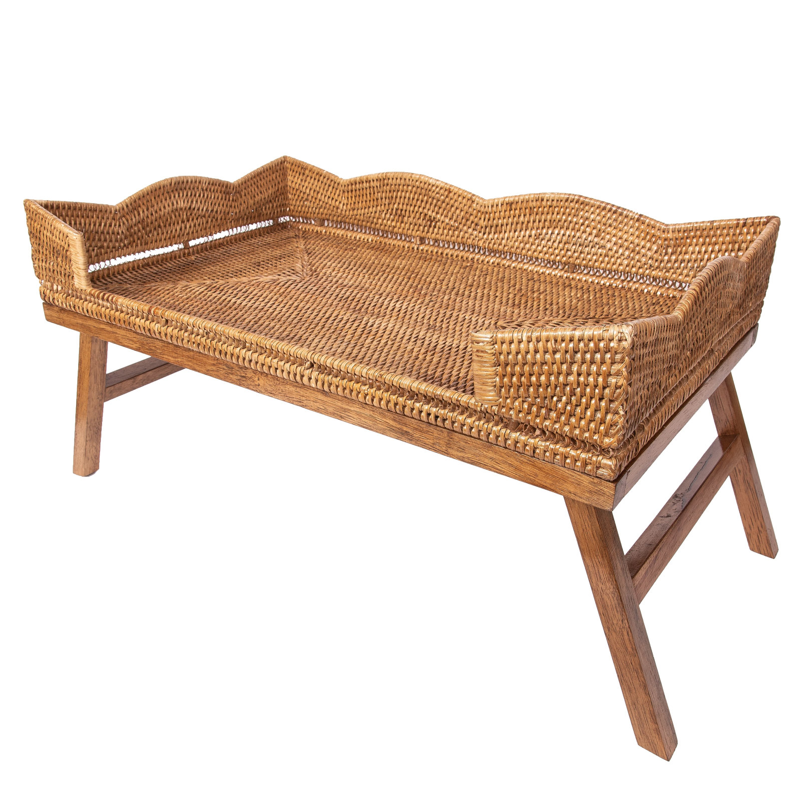 Scallop Design Breakfast Tray With Wooden Legs, Honey Brown