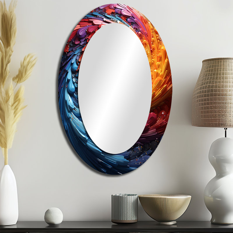 Solitaire en spirale arc-en-ciel coloré arc-en-ciel II - Miroir décoratif abstrait ovale sur métal, 36 po x 24 po